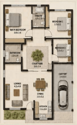 Compact Courtyard Home source concept sheet including floor plan
