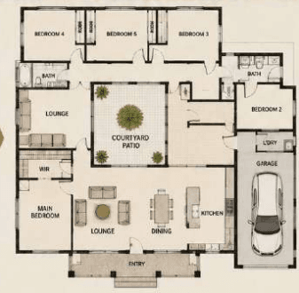 Courtyard Heritage Home source concept sheet including floor plan