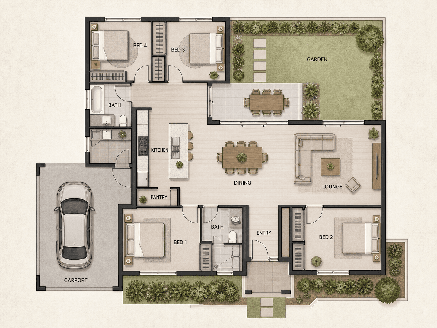 Practical Family Residence illustrative generated concept floor plan