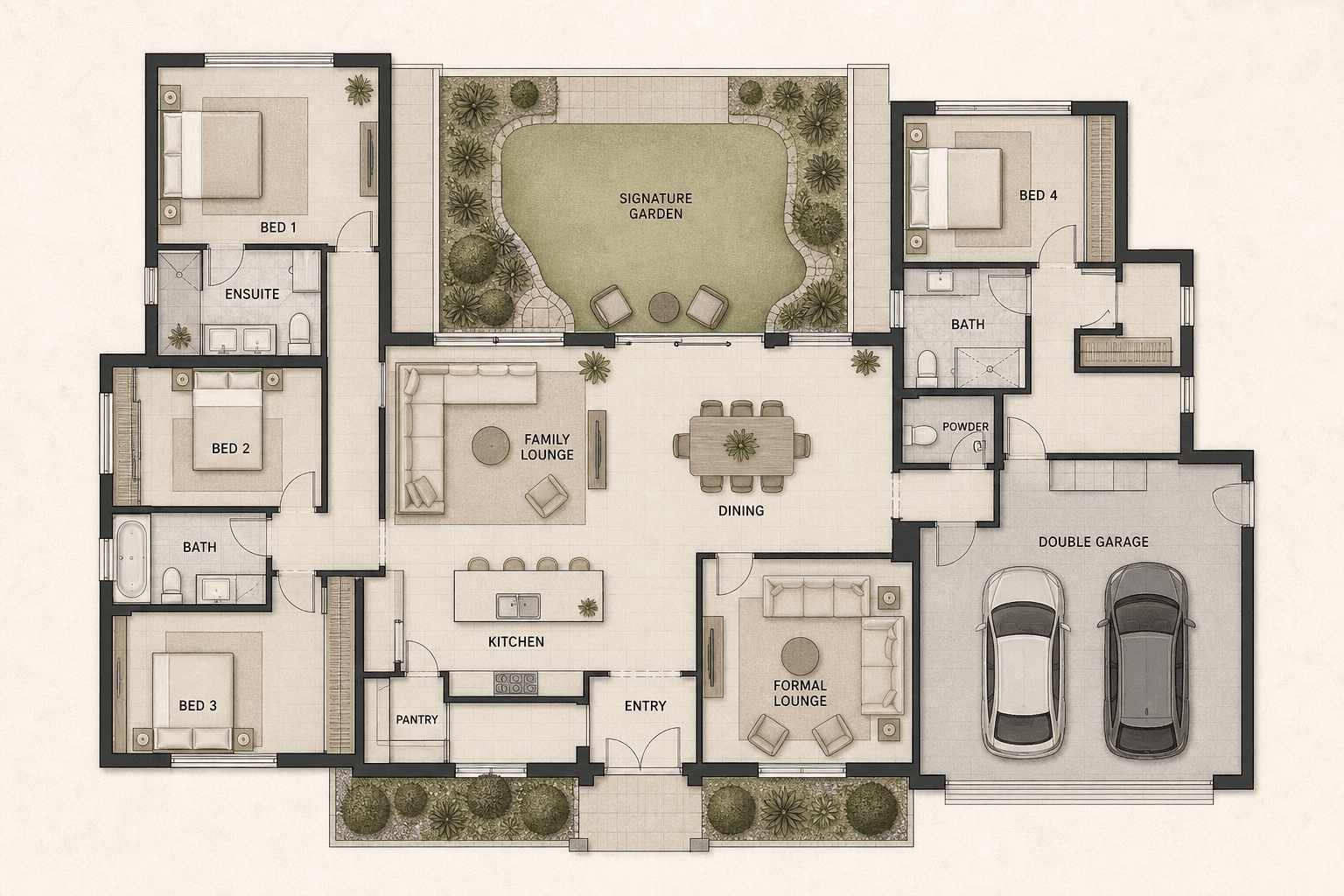 Split-Wing Signature Home illustrative generated concept floor plan
