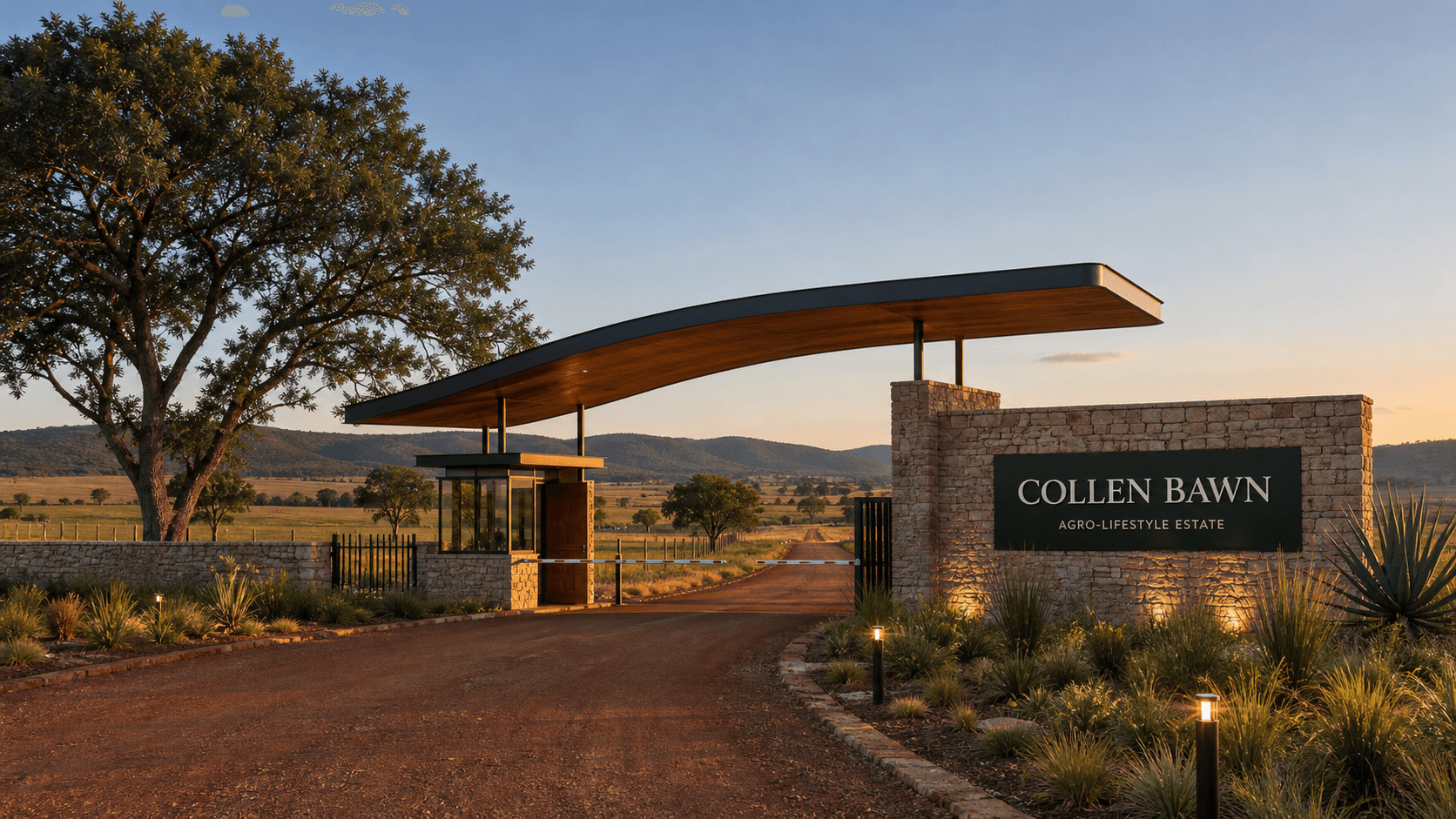 Colleen Bawn agro-lifestyle estate entrance at golden hour.