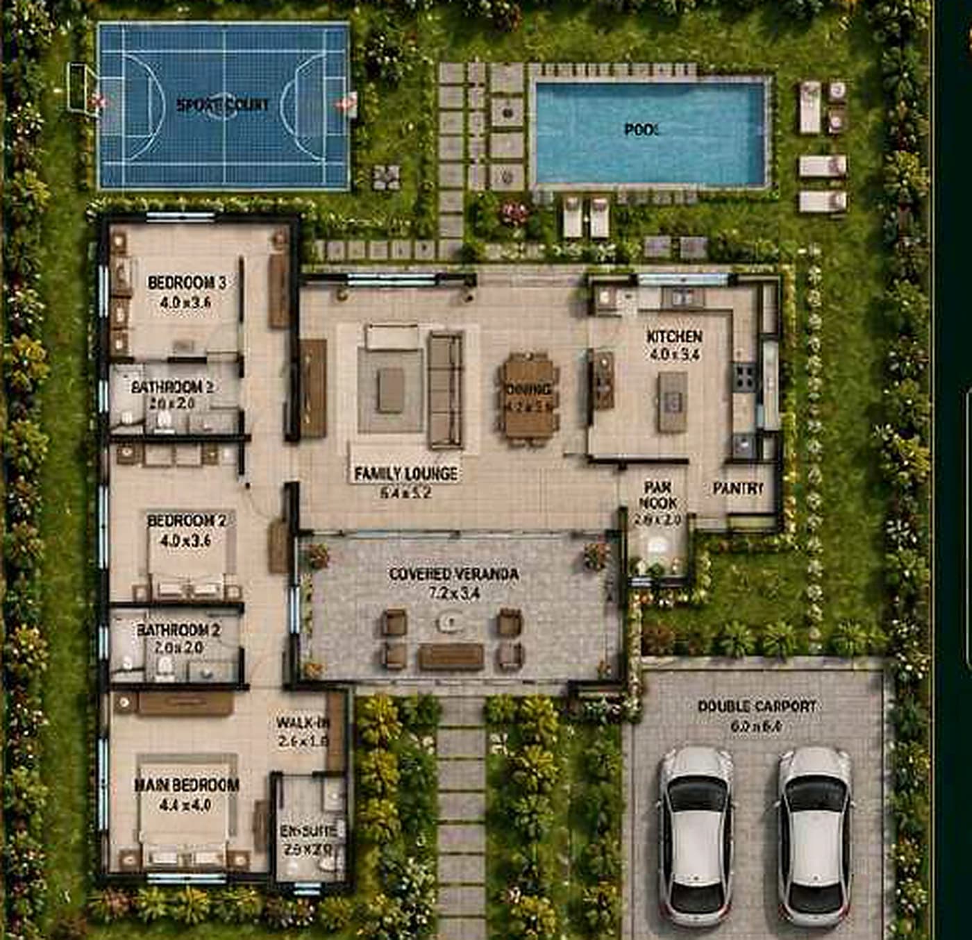 Poolside L-Shape Home indicative one-acre site plan