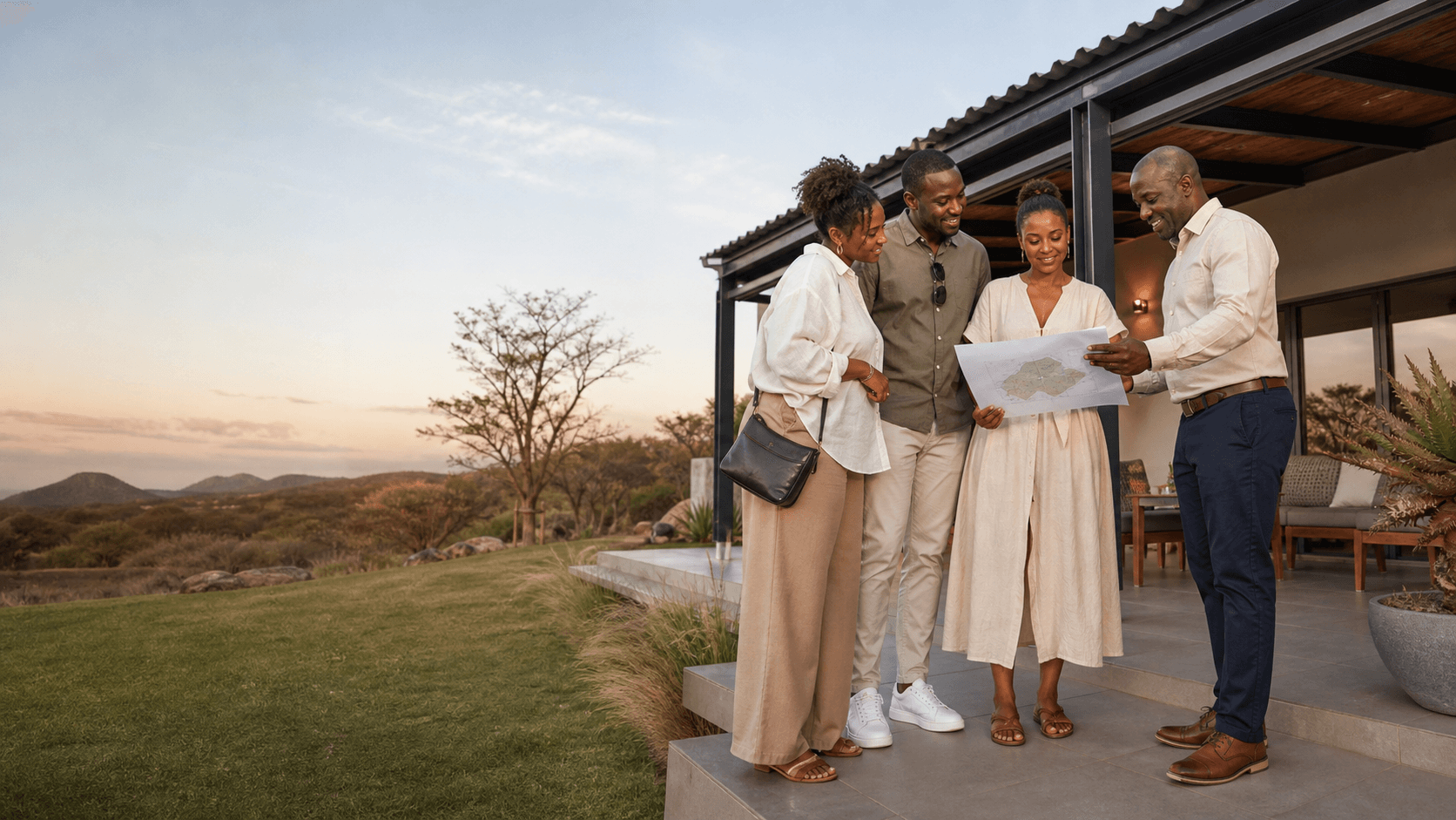 A family reviewing a home and site plan with a project representative in Zimbabwe.