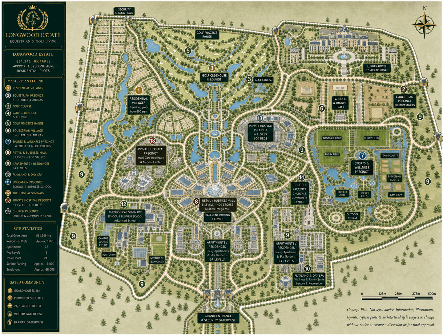 Conceptual Longwood Estate masterplan showing residential villages, golf, equestrian, sports and wellness, education, healthcare, retail, apartments, hotel, parks, lakes and security gates.